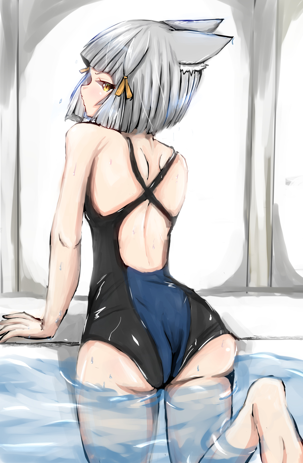 animal ears, ass, cat ears, demo han sd, demohan555, facing away, female, hose, looking back, nia, nia (xenoblade), nintendo, one-piece swimsuit, short hair, silver hair, solo, swimsuit, wedgie, wet, xenoblade (series), xenoblade chronicles 2