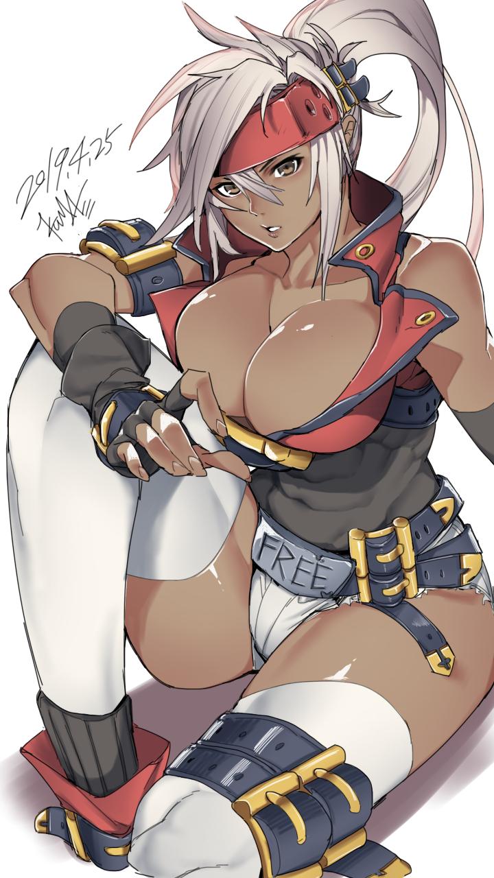 1girls abs alternate_color arm_belt artist_name bare_shoulders belt belts brown_eyes buckle buckles cleavage clothed clothed_female clothing collarbone covered_breasts covered_navel dark-skinned_female dark_skin dated female female_focus female_only fingerless_gloves fingernails gender_transformation genderswap_(mtf) gloves guilty_gear guilty_gear_xrd headband headgear headwear highres hot_pants hotpants jk0073 kuma_(jk0073) large_breasts legwear lips long_hair looking_at_viewer muscle muscles muscular muscular_female parted_lips ponytail rule_63 shiny shiny_hair shiny_skin signature socks sol_badgal sol_badguy teeth thigh thigh_strap thighhighs thighs tight_clothing white_background white_hair white_legwear