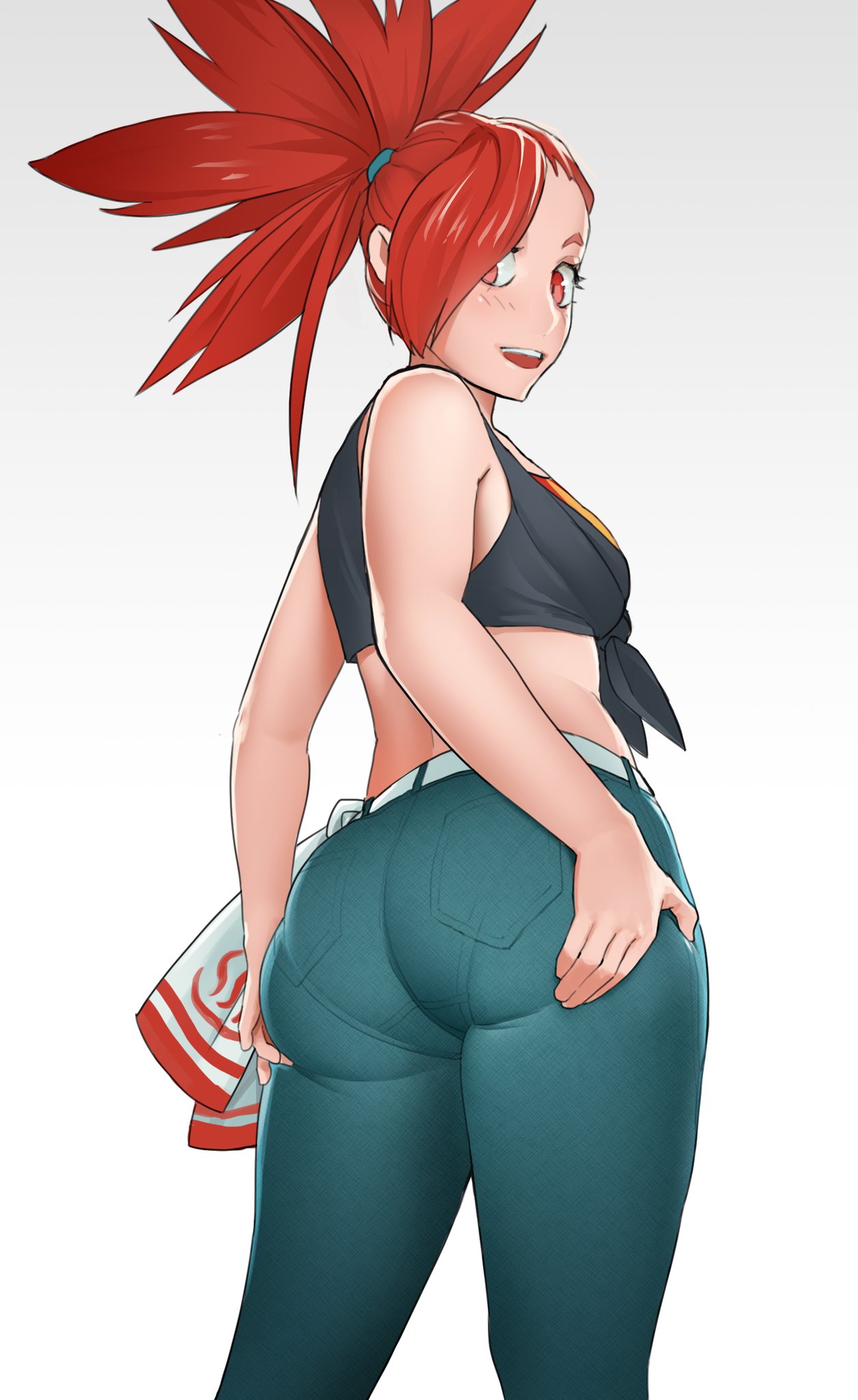 1girls alternate_breast_size armpits ass ass_grab ass_support back_view belt big_ass black_shirt blush bubble_butt crop_top dat_ass denim eye_contact female female_only flannery_(pokemon) game_freak grabbing_own_ass hair_over_one_eye highres huge_ass human human_only jeans long_hair looking_at_viewer looking_back nintendo open_mouth pants pantylines pokemon pokemon_oras pokemon_rse ponytail red_eyes red_hair sensual shirt skin_tight smile solo solo_female tenguro thick_thighs tied_shirt tight_jeans tight_pants voluptuous white_background wide_hips