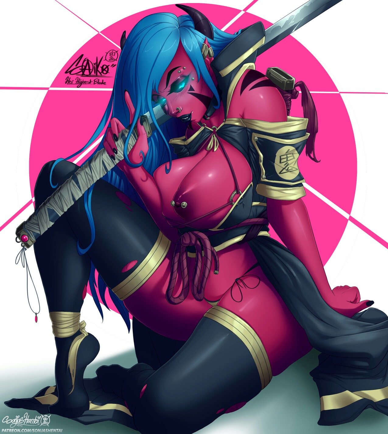 black lips, blue eyes, breasts, breasts out, d3monone, demon, demon girl, demon horns, female, female only, glowing eyes, holding weapon, katana, nipple piercing, nipples, piercing, pinup, red skin, skimpy clothes, sonja (d3monone), thighhighs