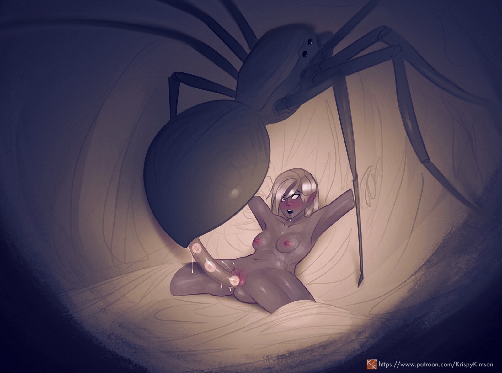 1girls, animal, arachnophilia, ass, blank eyes, blush, breasts, breeding, breeding slave, cum, cum in pussy, cum inside, dark skin, dark-skinned female, drooling, egg, egg implantation, egg laying, eggs, elf, fantasy, female, female focus, helpless, impregnation, insects, interspecies, krispy kimson, long hair, male, monster, monster cock, monster on female, monster rape, nipples, open mouth, oviposition, ovipositor, penetration, penis, pointy ears, pregnant, pussy, questionable consent, rape, raped, raped by monster, restrained, sex, size difference, spider, spider web, spread legs, stuck in object, trapped, vaginal insertion, vaginal penetration, zoophilia