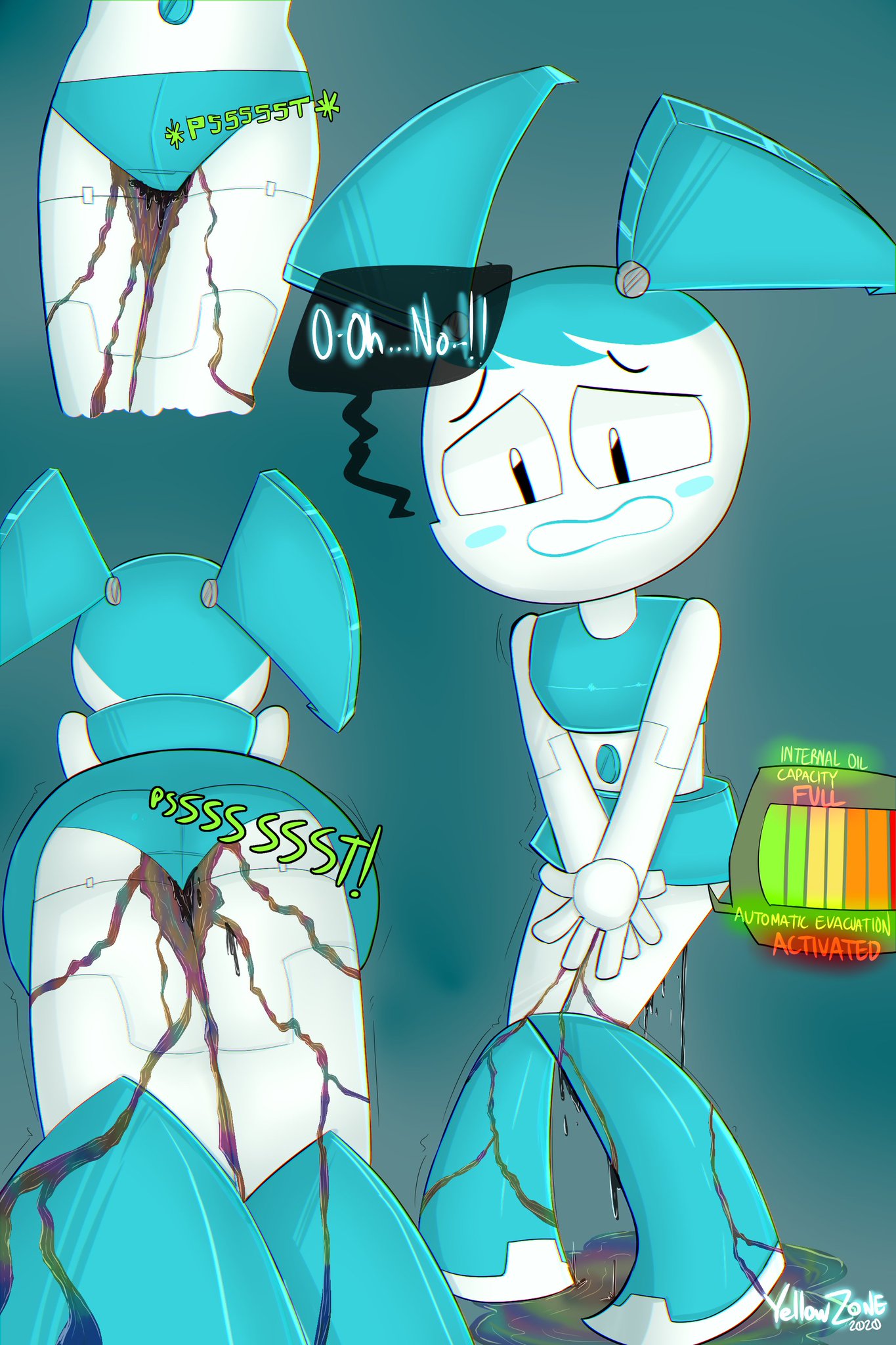 bladder_gauge clothed clothing jenny_wakeman my_life_as_a_teenage_robot oil omorashi panties peeing peeing_self puddle robot skirt smooth_skin wet_panties wetting xj-9 xj9 yellowzonemx