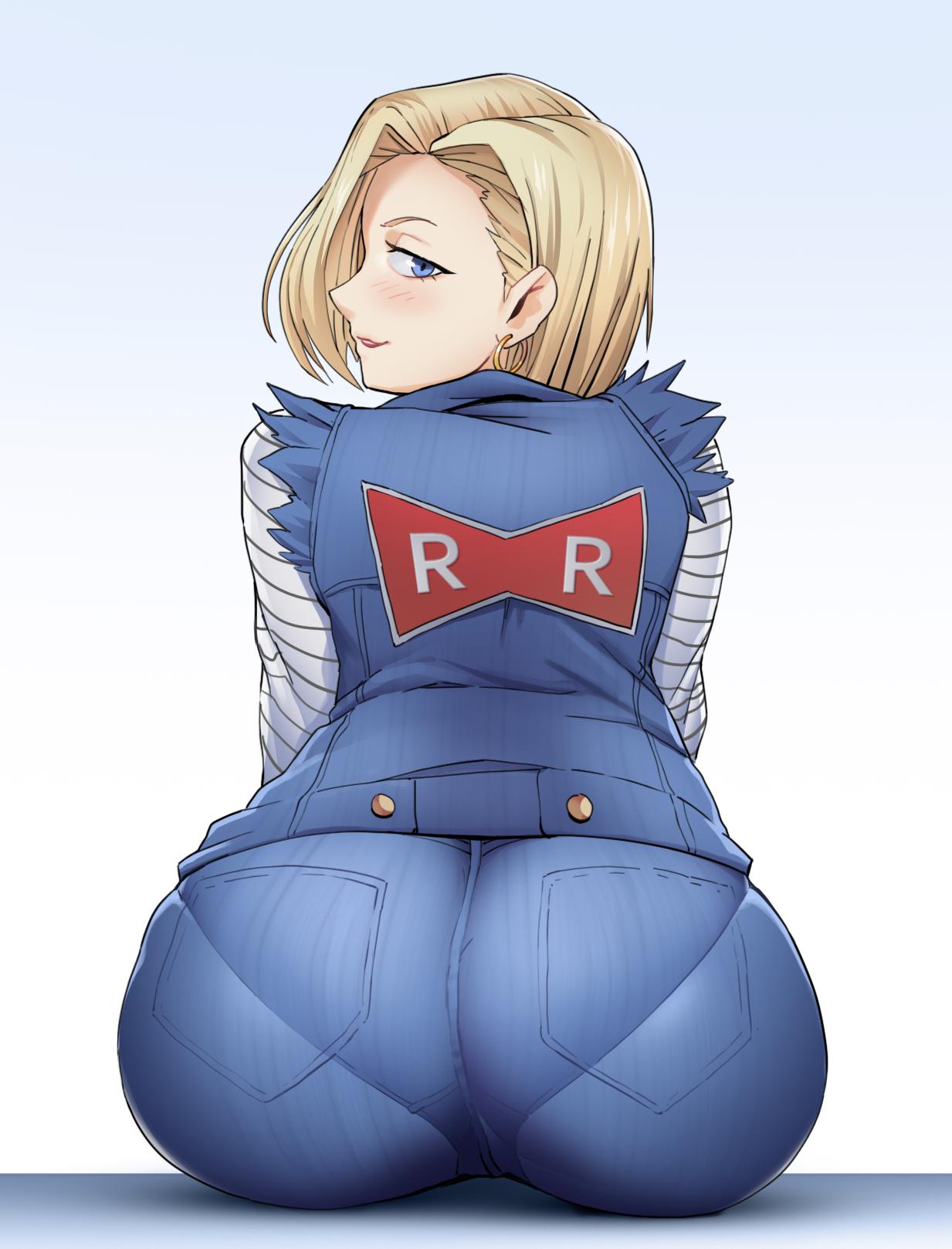 1girls android_18 ass back_view big_ass big_butt blonde_hair blue_eyes blush clothed clothing digital_media_(artwork) dragon_ball dragon_ball_z earrings eye_contact female female_focus female_only hair_over_one_eye huge_ass huge_butt jeans large_ass looking_at_viewer looking_back pantylines presenting presenting_ass short_hair simple_background sitting solo solo_female solo_focus tenguro tight_clothes tight_clothing tight_jeans tight_pants