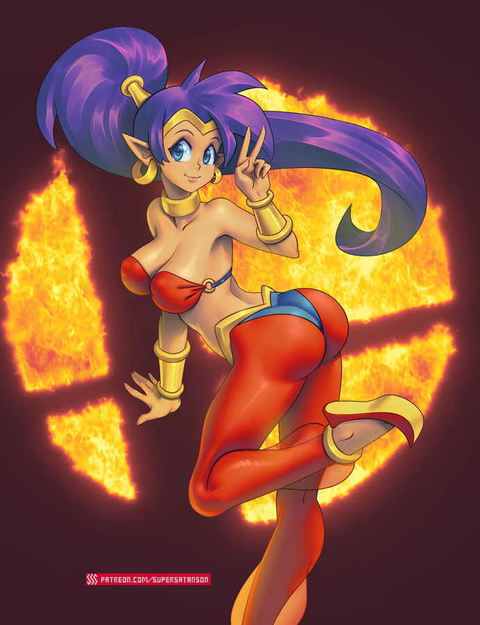 1girls, ass, big ass, big breasts, boobs and butt pose, breasts, cleavage, dark skin, dark-skinned female, female, female only, large breasts, looking at viewer, looking back, shantae, shantae (character), smooth skin, solo, supersatanson