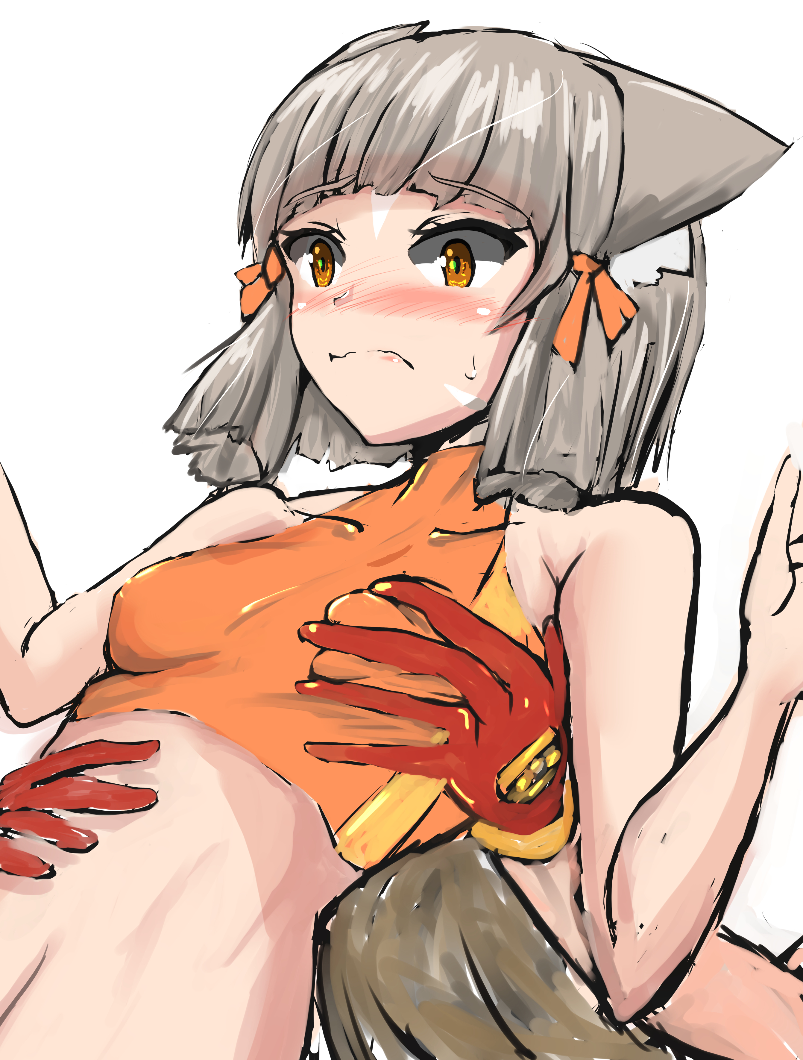 animal ears, blush, breast grab, breasts, cat ears, demo han sd, demohan555, female, nia, nia (xenoblade), nintendo, short hair, silver hair, sports bra, surprised, sweat, trembling, xenoblade (series), xenoblade chronicles 2