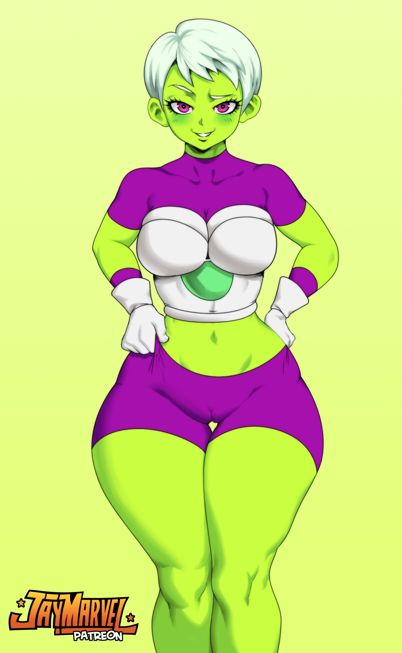 1girls, abs, alien, alien girl, armor, ass, belly, big breasts, breasts, cameltoe, cheelai, dragon ball, dragon ball super, eye contact, female, gloves, green skin, half-closed eyes, hand on hip, hourglass figure, huge ass, humanoid, jay-marvel, looking at viewer, midriff, navel, patreon, purple eyes, pussy, shirt, short hair, shorts, skin tight, smile, smirk, solo, solo focus, source request, text, thick thighs, thigh gap, watermark, white hair, wide hips
