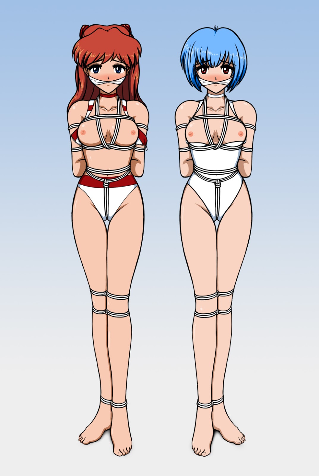 2girls arms_behind_back asuka_langley_sohryu blush bondage breasts cloth_gag female_only femsub gag looking_at_viewer multiple_girls multiple_subs neon_genesis_evangelion nipples one-piece_swimsuit rei_ayanami rope rope_bondage rope_harness s2x small_breasts swimsuit swimsuit_aside tied_up