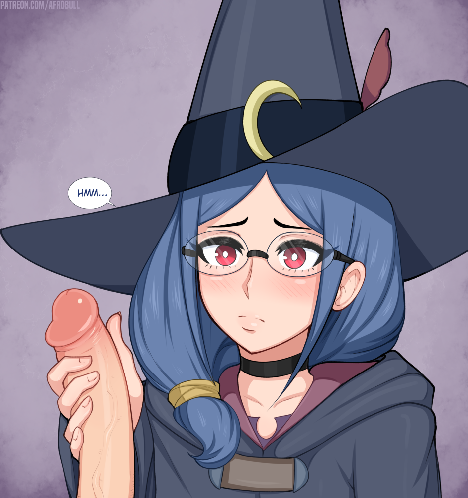 1boy, 1girls, afrobull, blue hair, clothed, clothed female nude male, erection, female, glasses, handjob, light skin, light-skinned female, light-skinned male, little witch academia, male, pale skin, pale-skinned female, pale-skinned male, penis, red eyes, sex, simple background, speech bubble, straight, text, uniform, ursula callistis, watermark, witch, witch hat