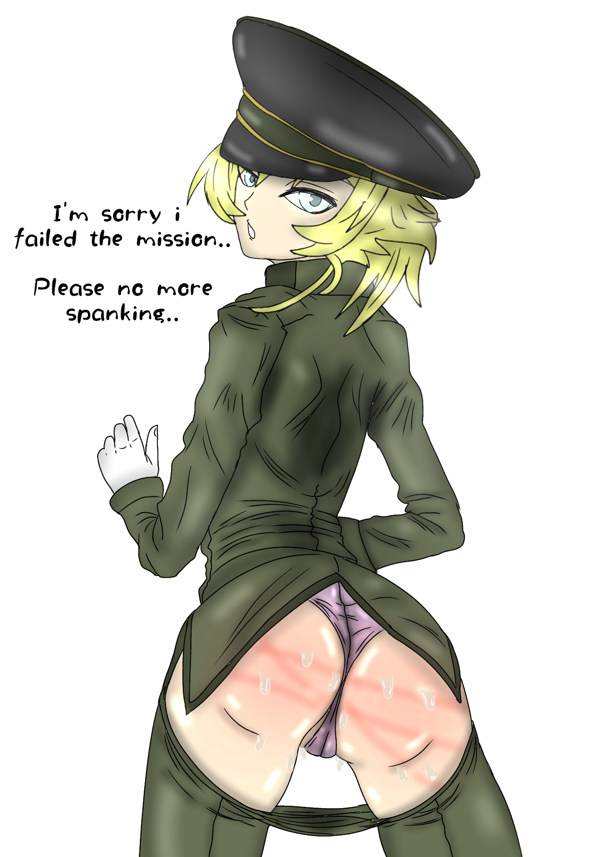 1girls, army, begging, blonde hair, blue eyes, canon genderswap, cap, english text, female, female only, hat, looking at viewer, looking back, military, military hat, military uniform, pain, pink panties, sadism, smaller female, solo, spank, spank marks, spanked, spanking, sweat, sweatdrop, sweaty, talking to viewer, tanya degurechaff, text, uniform, wet, wet clothes, wet panties, whip, whip marks, whipping, youjo senki