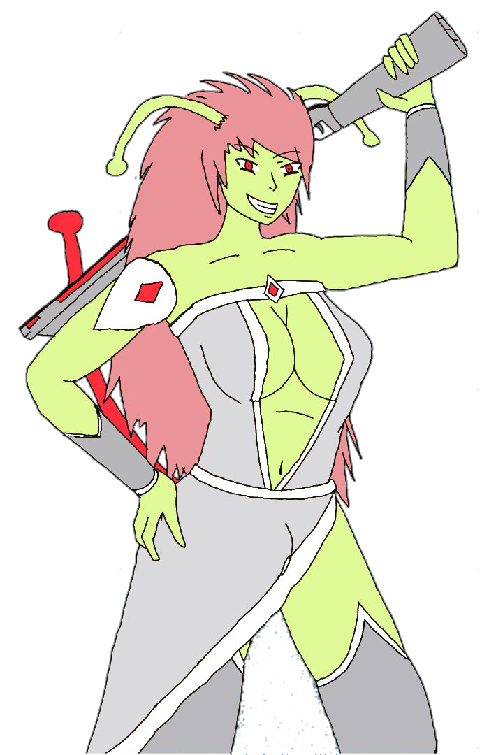 1futa alien antennae belly_button big_breasts black_dress breasts bulge cleavage cleavage_cutout evil_grin female futa_only futanari green_antennae green_skin hand_on_hip long_hair looking_at_viewer messy_hair original_character plasma_rifle princess queen red_eyes red_hair red_tail rifle shoulder_pad sinister_smile smile stockings tail transparent_background weapon weapon_over_shoulder wrist_cuffs