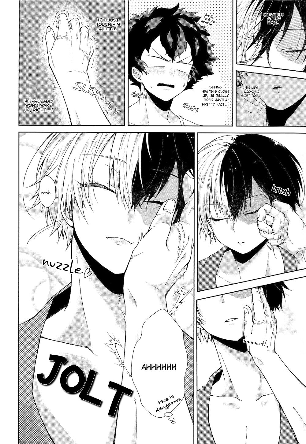 admiring, comic, english text, femboy, izuku midoriya, lips, male, my hero academia, pajamas, sakamei hamachi, shouto todoroki, sleeping, tododeku, yaoi