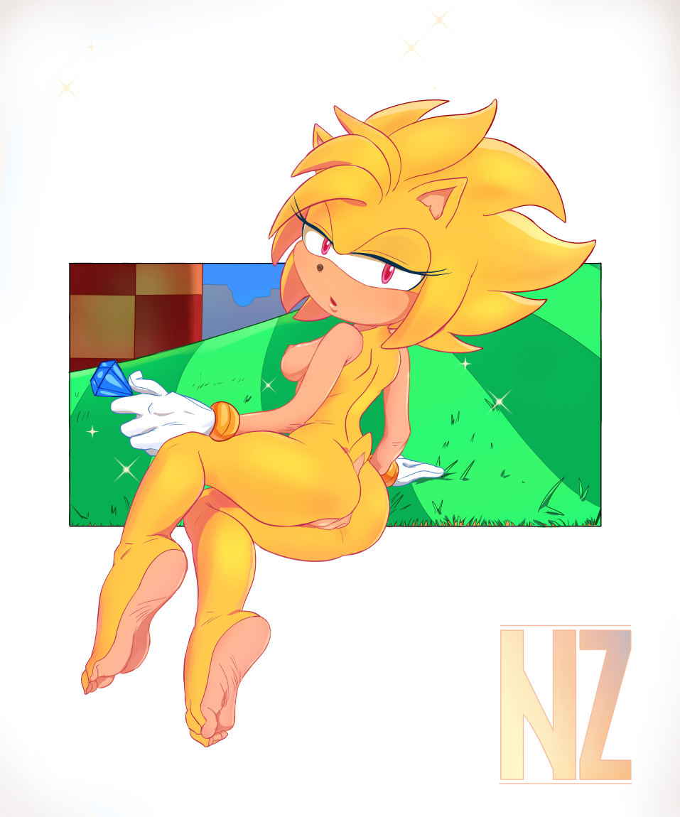 2020 amy_rose anthro ass barefoot breasts chaos_emerald clothing eulipotyphlan female genitals gloves grass handwear hedgehog holding_object mammal mostly_nude nipples nolegal pussy red_eyes signature soles solo sonic_(series) sonic_the_hedgehog_(series) super_amy toes video_games yellow_body yellow_skin