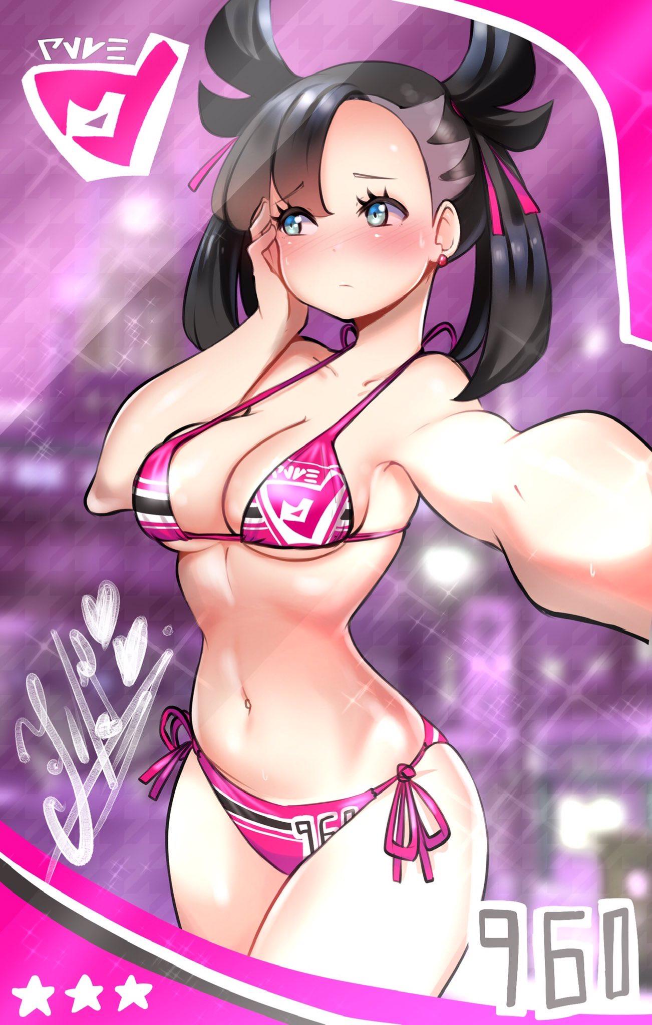 1girls abs alternate_outfit armpits belly big_breasts bikini black_hair blue_eyes blush breasts card cleavage comic female gym_uniform heart holding human kenron_toqueen league_card looking_away male marnie_(pokemon) navel nintendo pokemon pokemon_ss pov selfie side-tie_bikini solo_focus source_request spoken_heart text thick_thighs thin_waist twintails watermark wide_hips