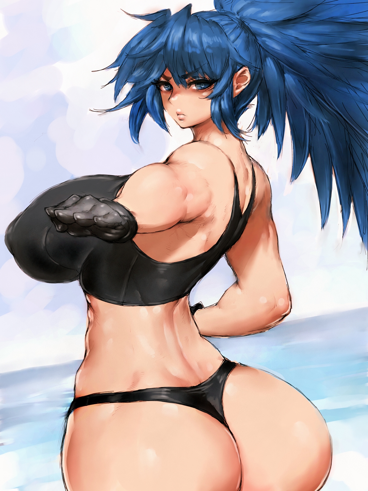 1girls, angry, ass, big ass, blue eyes, blue hair, breasts, cleavage, female, female only, fumio (rsqkr), huge ass, huge breasts, king of fighters, leona heidern, looking at viewer, looking back, muscular, muscular female, naughty face, panties, seductive, snk, solo, thick thighs, thong