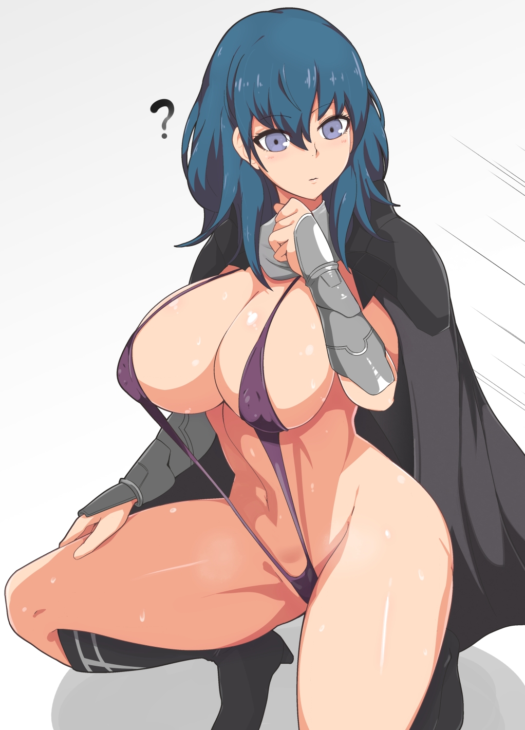 1girls, blue eyes, blue hair, breasts, byleth (fire emblem), byleth (fire emblem) (female), cape, crouching, female, female only, fire emblem, fire emblem: three houses, huge breasts, nintendo, solo, string bikini, thick thighs, u2 (user pupx8327)