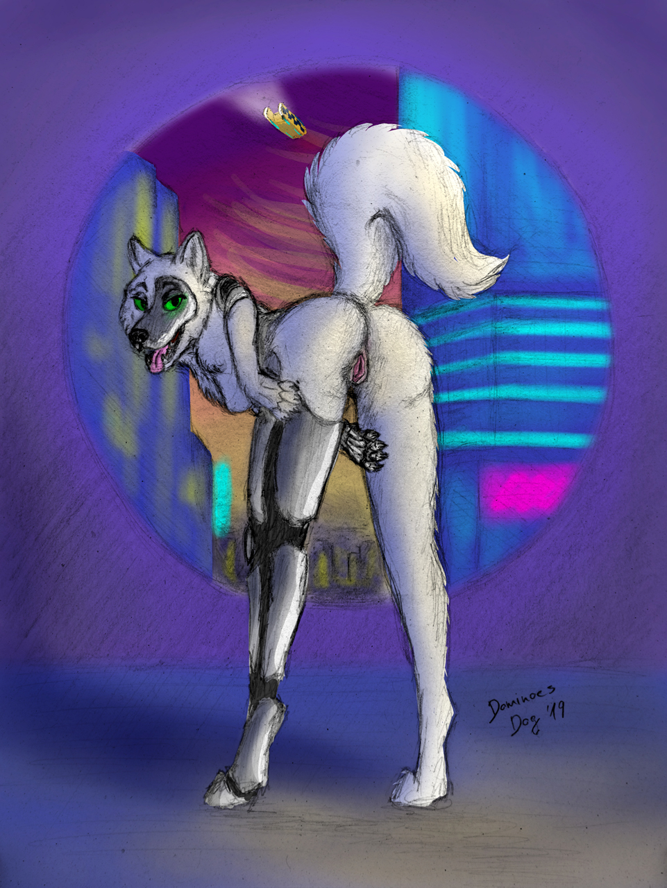 2019 anthro ass bent_over biped black_nose breasts building canid canine canis car chest_tuft city cityscape colored cybernetics cyberpunk cyborg detailed_background digitigrade dominoesdog female fur genitals green_eyes half-closed_eyes hi_res inside looking_back machine mammal mixed_media narrowed_eyes night nude open_mouth paws pink_pussy presenting presenting_hindquarters presenting_pussy prosthetic prosthetic_arm prosthetic_leg prosthetic_limb pussy raised_tail rear_view side_boob skyline solo spread_legs spreading teeth tongue tongue_out tuft vehicle white_body white_fur window wolf