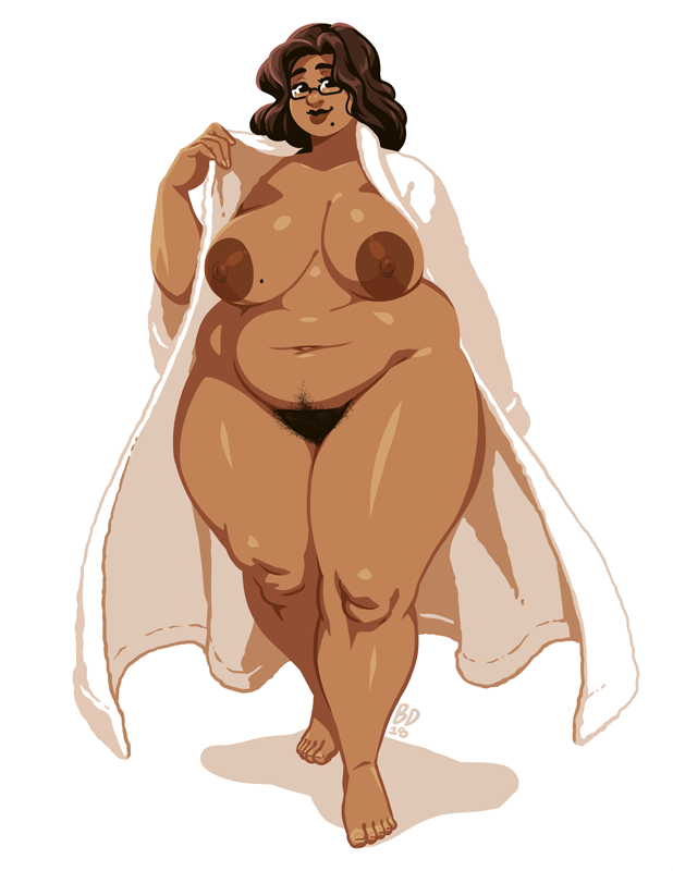 bbw beauty_mark bimbo blockdevil brown_hair dark-skinned_female dark_skin female female_only glasses large_areolae large_breasts mostly_nude obese_female pubic_hair robe thick_lips venus_body