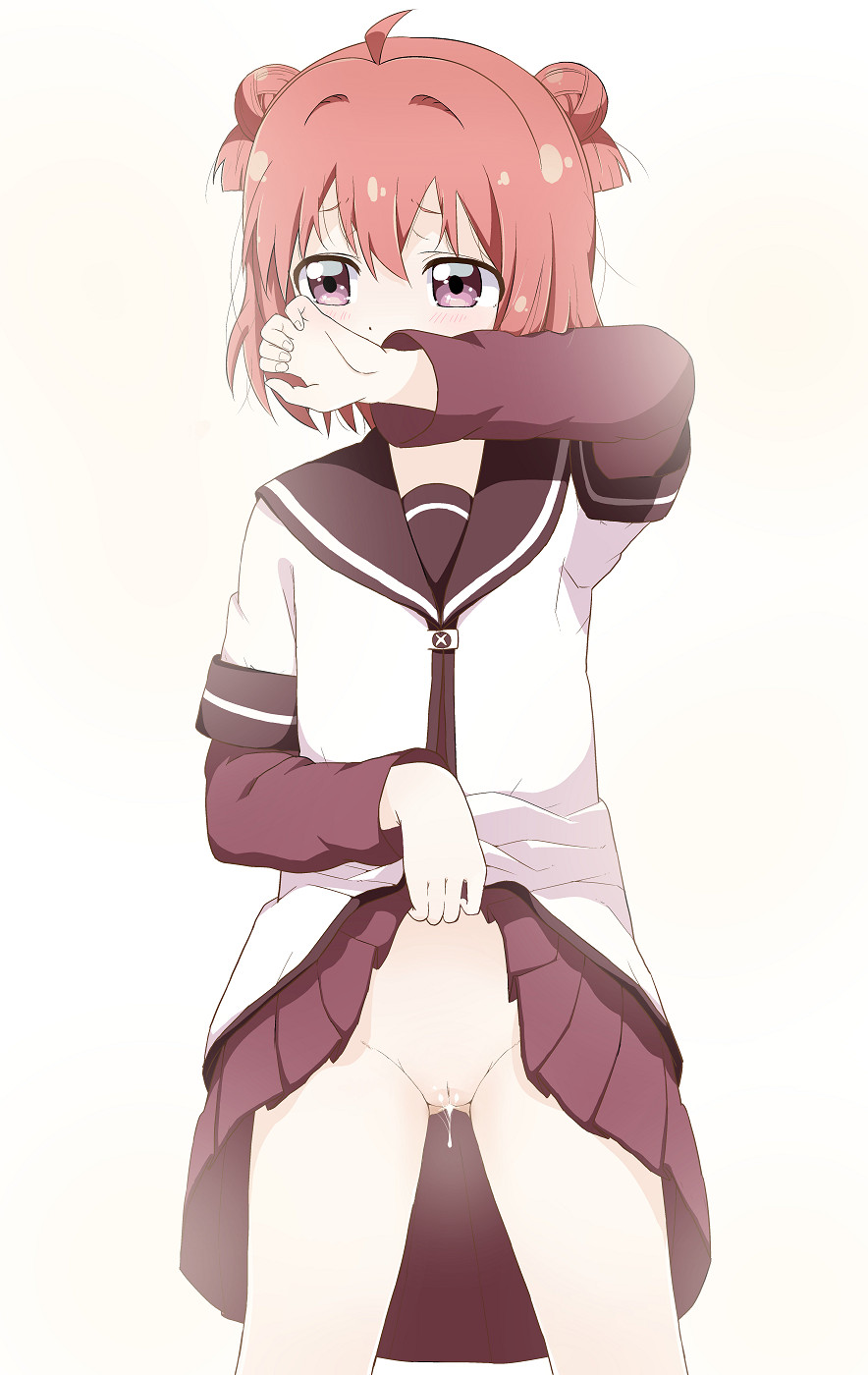 akaza_akari blush double_bun eyebrows_visible_through_hair feet_out_of_frame female hidden_mouth highres lifted_by_self nanamori_school_uniform no_panties pleated_skirt purple_eyes pussy pussy_juice pussy_juice_drip red_hair school_uniform shiny shiny_hair short_hair simple_background skirt skirt_lift solo standing user_khmd8884 white_background yuru_yuri