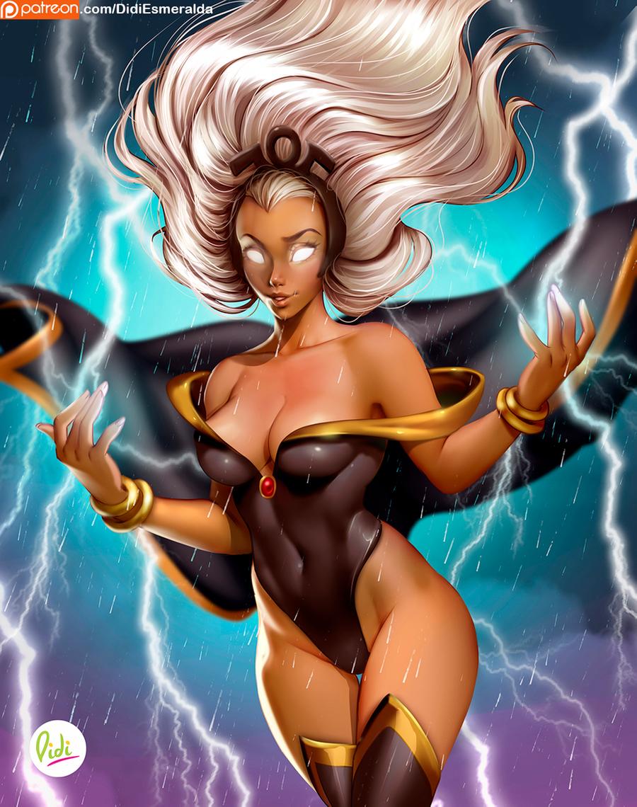1girls, big breasts, breasts, cleavage, dark skin, dark-skinned female, didi esmeralda, female, female only, fully clothed, large breasts, looking at viewer, marvel, marvel comics, ororo munroe, solo, storm (x-men), thick thighs, thighhighs, wide hips, x-men