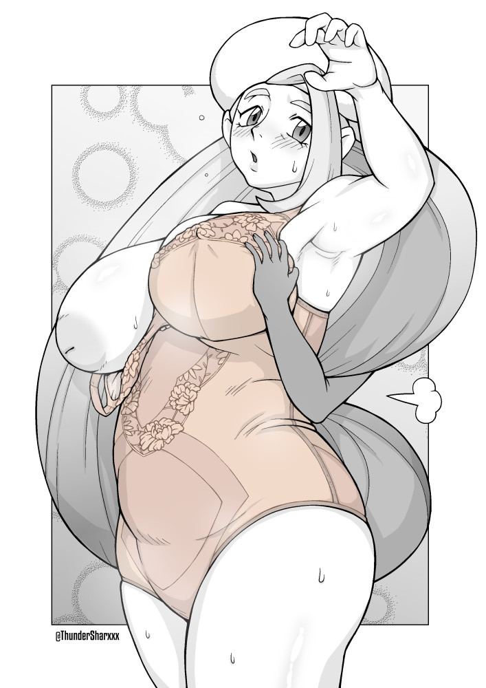 1girls, alternate breast size, alternate outfit, ambiguous gender, arm up, armpits, ass, big ass, blush, bodysuit, breast grab, breasts, breasts out, chubby, dark skin, eye contact, female, hair over one eye, half-closed eyes, hat, heavy breathing, huge breasts, human, human only, interracial, inverted nipples, large breasts, light skin, light-skinned female, long hair, looking at viewer, melony (pokemon), milf, mother, nintendo, one breast out, partially colored, pokemon, pokemon ss, puffy nipples, reach around, solo, sweat, text, thick thighs, thundersharxxx, watermark, wet, white border, wide hips