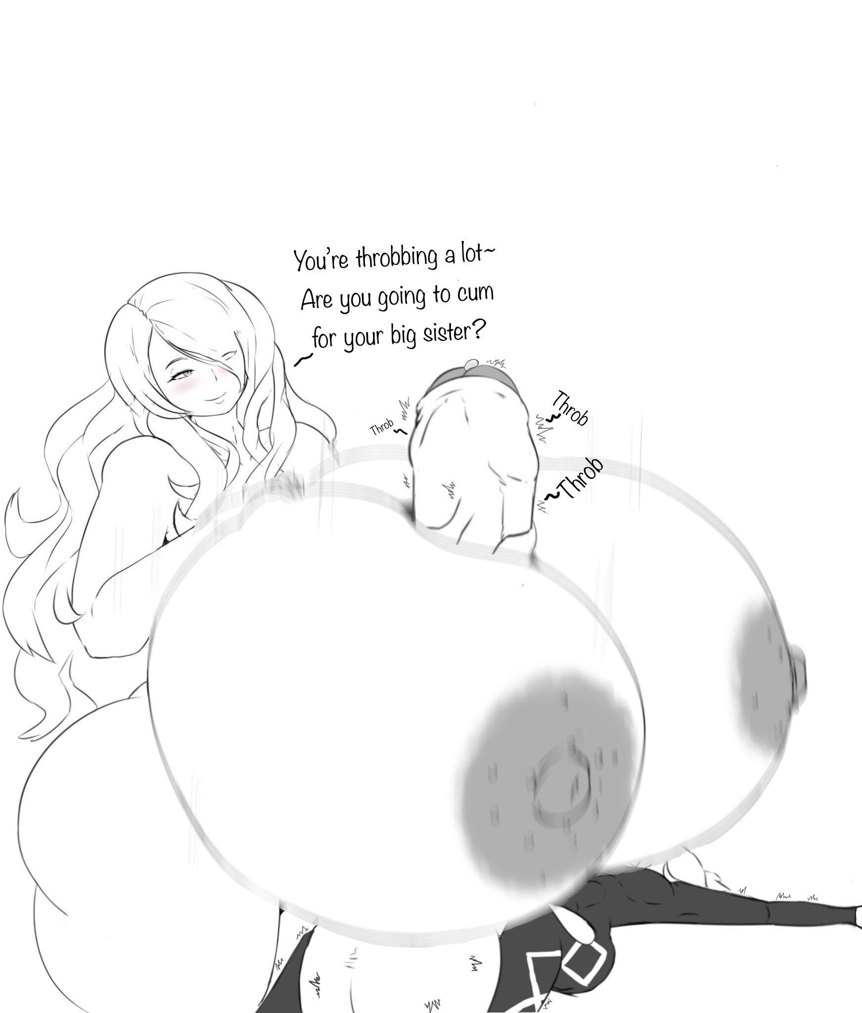 1boy, 1girls, alternate breast size, big breasts, big penis, bimbo, breasts, camilla (fire emblem), dialogue, edit, female, fire emblem, fire emblem fates, gigantic breasts, gigantic penis, hair over one eye, huge breasts, huge cock, hyper breasts, hyper penis, iron-0xide, large breasts, large penis, male, motion blur, nintendo, paizuri, partially colored, penis, sanka-tetsu, source request, text