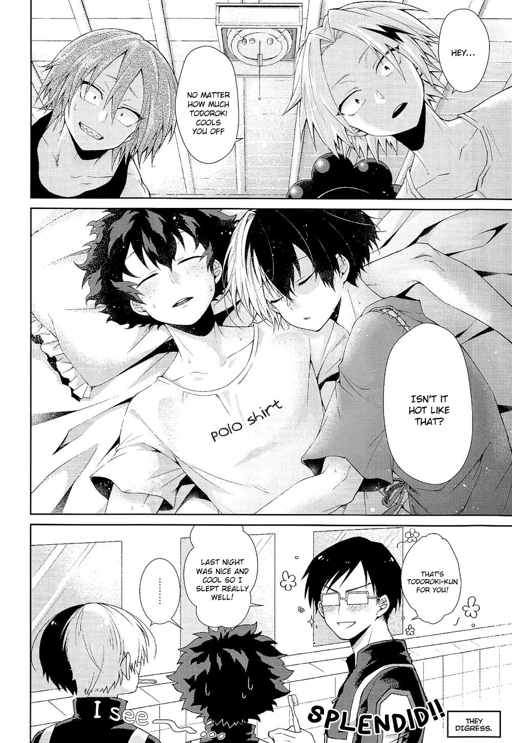 comic, cuddling, english text, izuku midoriya, male, morning after, my hero academia, pajamas, sakamei hamachi, shouto todoroki, sleeping, tododeku, yaoi
