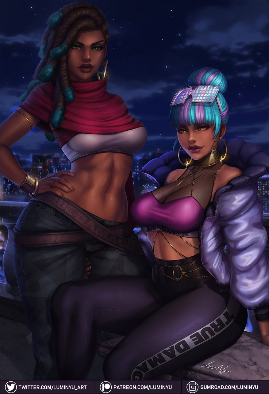 2girls abs big_ass big_butt blue_hair brown_hair butt cleavage clothed clothing dark-skinned_female dark_skin dreadlocks duo eyewear_on_head female female_focus female_only gold green_eyes hips large_ass large_breasts league_of_legends lesbian long_hair looking_at_viewer luminyu makeup multicolored_hair navel purple_hair purple_lipstick qiyana_yunalai riot_games senna_(league_of_legends) short_hair streetwear sunglasses_on_head tan-skinned_female tan_skin thick_thighs thighs true_damage_qiyana true_damage_senna true_damage_series yellow_eyes yuri