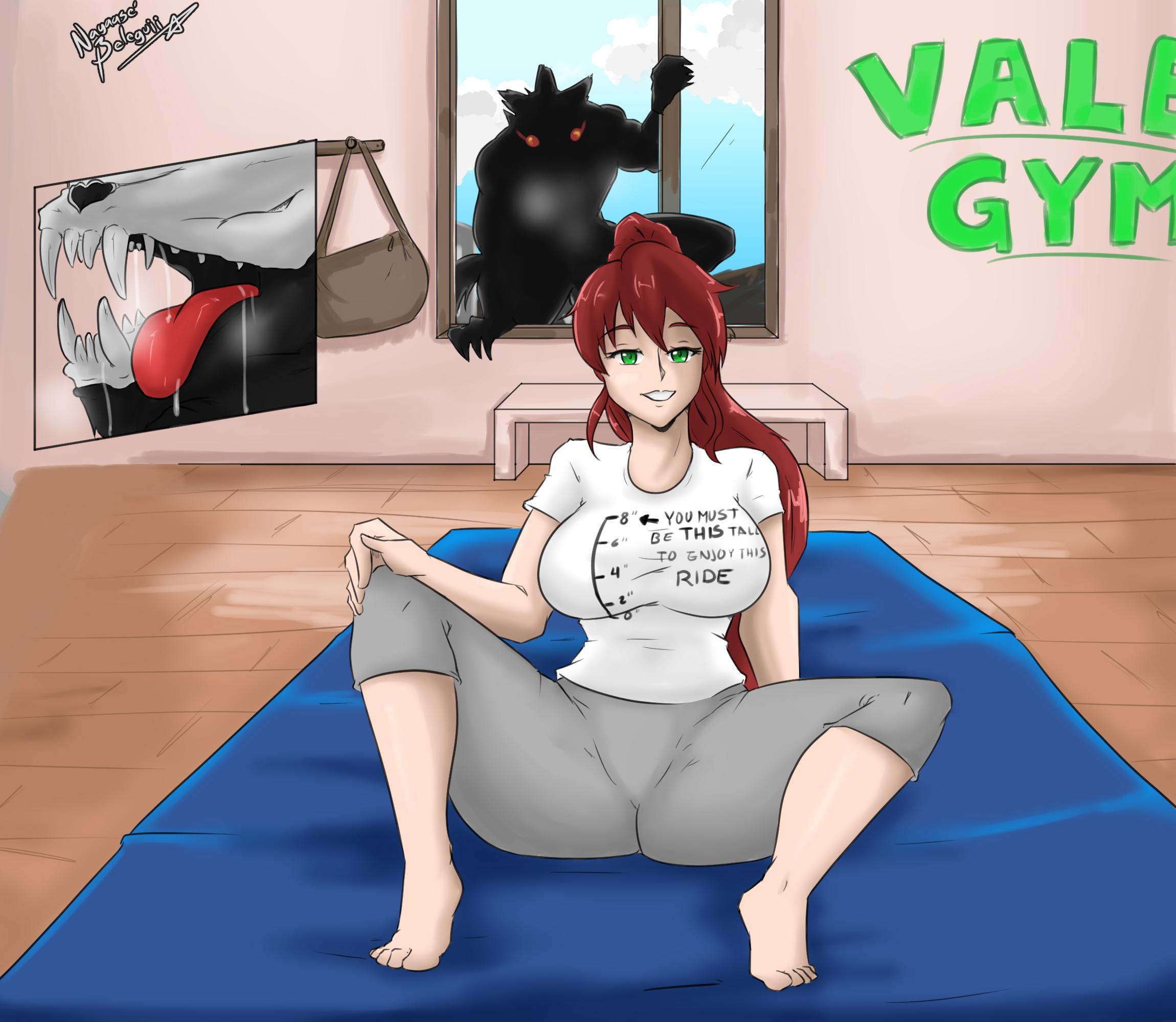 anthro, beowolf (rwby), bodily fluids, breasts, claws, clothing, detailed background, duo, fangs, female, green eyes, grimm (rwby), gym, hair, hi res, human, interspecies, male, mammal, monster, muscular, muscular anthro, muscular male, nayaase beleguii, open mouth, open smile, pyrrha nikos, red hair, rwby, saliva, sitting, size queen, smile, spread legs, spreading, straight, teeth, text on shirt, tongue