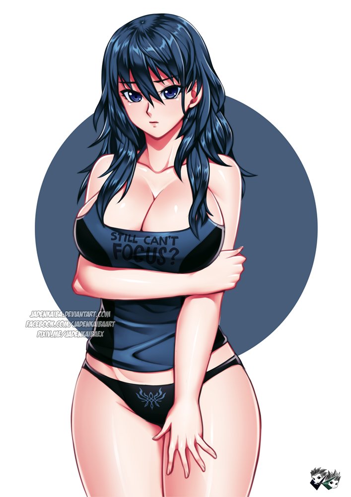 1girls, black panties, black underwear, blue eyes, blue hair, blush, breasts, byleth (fire emblem), byleth (fire emblem) (female), cleavage, crest (fe3h), embarrassed, female, female only, fire emblem, fire emblem: fuukasetsugetsu, fire emblem: three houses, jadenkaiba, large breasts, long hair, looking at viewer, no pants, panties, shiny, shiny hair, shiny skin, simple background, super smash bros., tank top, thick thighs, thighs, underwear, watermark, web address