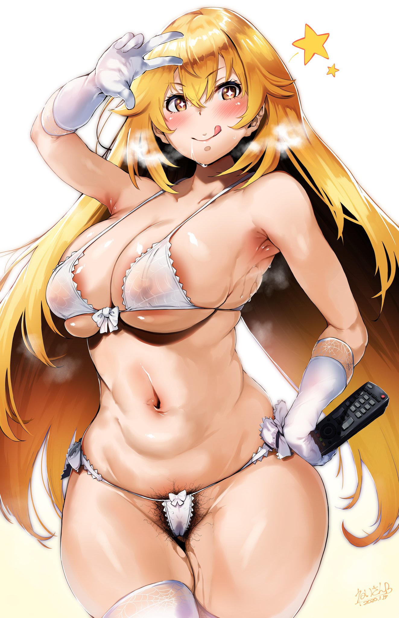 1girls, blonde hair, blush, bra, breasts, bush, cloud, female, female only, gloves, hair, hairy pussy, hero neisan, licking lips, navel, nipples, panties, peace sign, pubic hair, pussy, shokuhou misaki, solo, solo female, sweat, to aru kagaku no railgun, to aru majutsu no index, tongue, tongue out