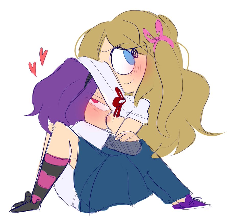 1boy 1girls blonde_hair blue_eyes blush blushing blushing_profusely bonnie_(fnafhs) breasts breasts_out clothed cute female five_nights_at_freddy's fnafhs golden_hair hugging hugging_partner joy_(fnafhs) looking_at_viewer no_sex purple_hair red_eyes straight wholesome