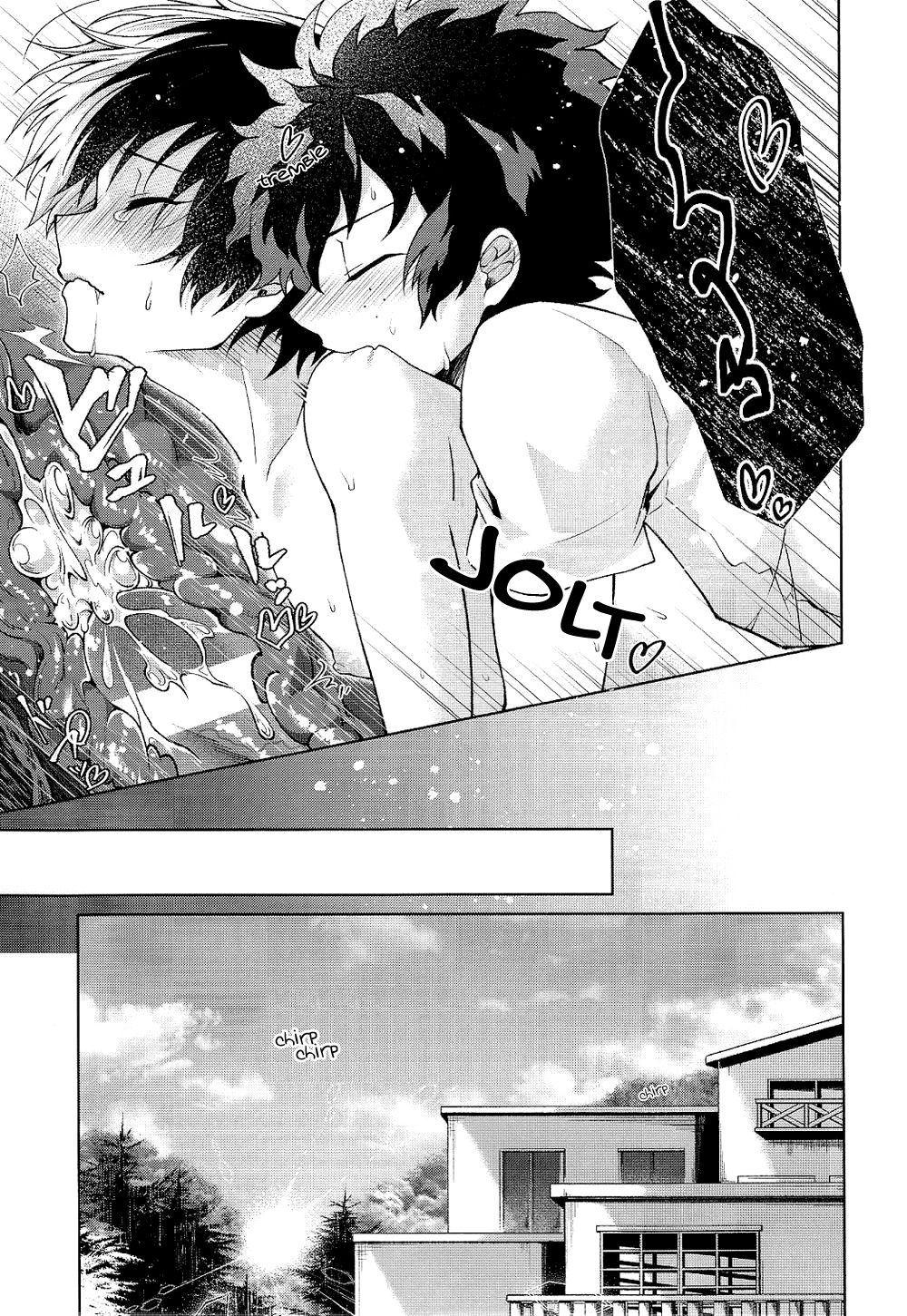 2boys, anal, ass, bite, comic, cum in ass, cumming, english text, femboy, izuku midoriya, male, my hero academia, nude, pajamas, sakamei hamachi, shouto todoroki, tododeku, yaoi