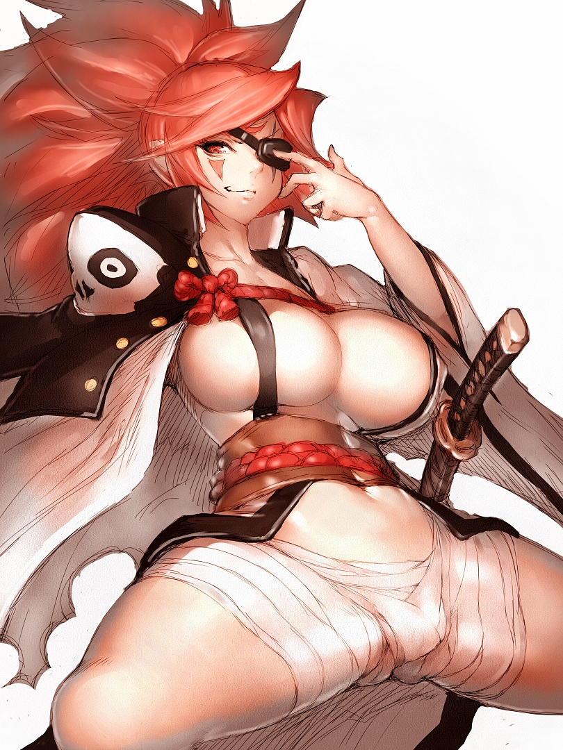 1girls, arc system works, baiken, bandage, breasts, cleavage, clothed, clothed female, clothing, eye patch, eyewear, female, female only, fumio (rsqkr), goggles, guilty gear, guilty gear xrd, human, katana, kimono, large breasts, long hair, looking at viewer, missing eye, open clothes, pink hair, red eyes, red hair, sheath, sheathed, simple background, smile, smiling, smiling at viewer, smirk, solo, solo female, solo focus, spread legs, weapon