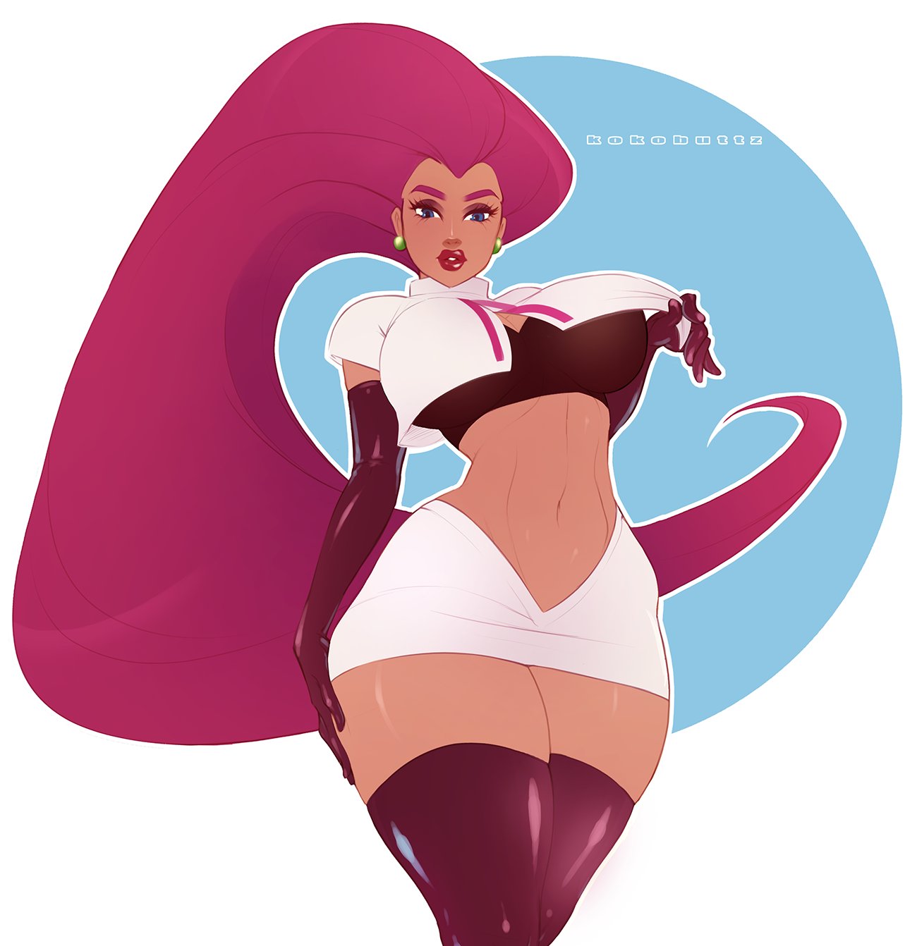 1girls, abs, alternate breast size, belly, big breasts, big hair, blue background, blue eyes, breasts, cleavage, clothed, clothes, earrings, eye contact, eyelashes, eyeshadow, female, female only, fit, gloves, huge breasts, human, human only, jessie (pokemon), kokobuttz, large breasts, latex, lipstick, long hair, looking at viewer, makeup, midriff, miniskirt, navel, nintendo, pokemon, pokemon rgby, pose, purple hair, purple lipstick, revealing clothes, shirt, shirt lift, skirt, solo, standing, tank top, team rocket, team rocket uniform, text, thick thighs, thighhighs, thin waist, very long hair, watermark, white border, wide hips