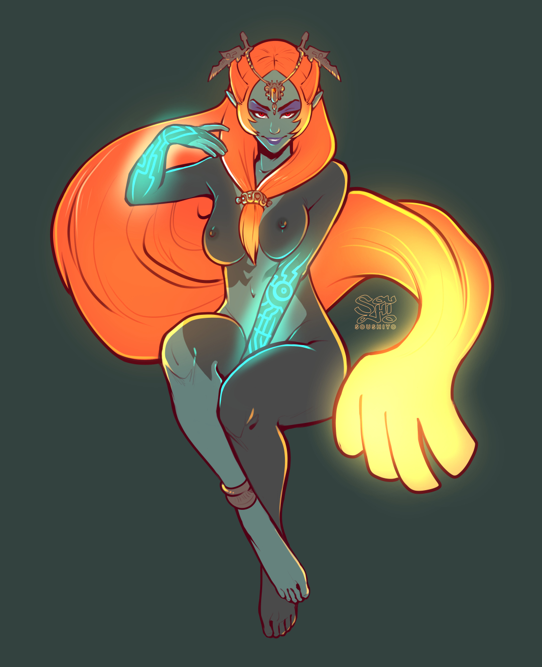 1girls, armpits, artist name, artist signature, ass, bedroom eyes, bioluminescence, breasts, dark nipples, dark skin, dark-skinned female, eye contact, feet, female, glowing, half-closed eyes, looking at viewer, magic, medium breasts, midna, naked, nintendo, nipples, nude, nude female, orange hair, pointy ears, red eyes, seductive, seductive smile, slim, smirk, solo, solo female, solo focus, soushiyo, text, the legend of zelda, thick thighs, twili midna, twilight princess, watermark, wide hips