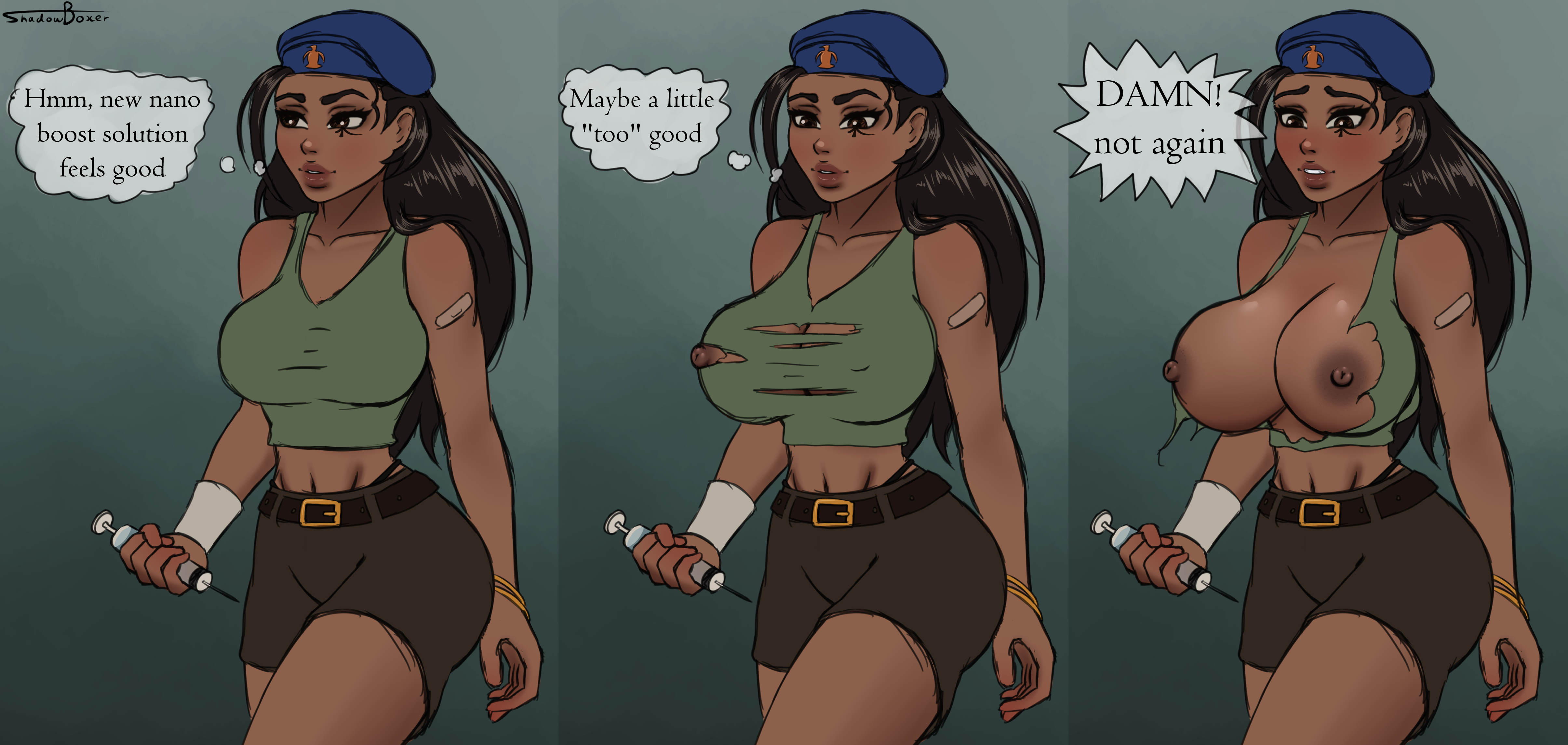 1girls, 2d, absurd res, ana amari, areolae, artist name, big breasts, bimbo, bimbofication, blizzard entertainment, breast expansion, breast growth, breast growth (enlargement), breasts, captain amari, clothing, dark skin, dark-skinned female, english text, female, female only, highres, large breasts, nipples, overwatch, shadowboxer, shorts, solo, syringe, text, video games, watermark, young ana amari