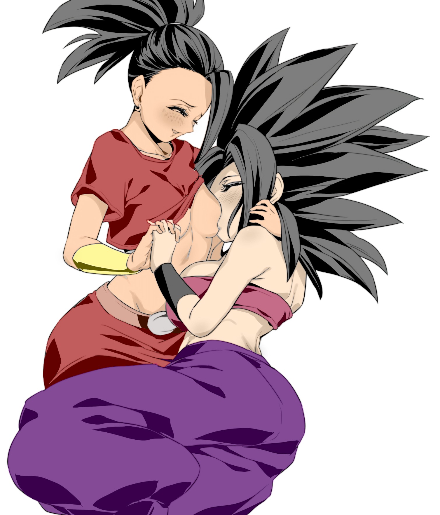 2girls, baggy pants, black eyes, black hair, blush, breast sucking, breasts, caulifla, closed eyes, color, colored, dragon ball, dragon ball super, edit, female, female only, hand holding, happy, holding, kale, light skin, light-skinned female, long hair, multiple females, multiple girls, saiyan, spiky hair, sucking, yuri