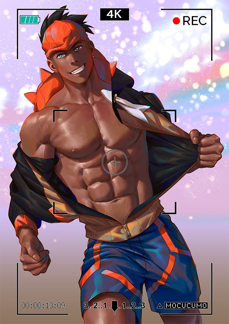 1boy, abs, bara, blue eyes, camera, dark skin, dark-skinned male, hud, human, human only, male, male only, mocucumo, muscles, muscular, nintendo, pokemon, pokemon ss, raihan (pokemon), solo, text, yaoi