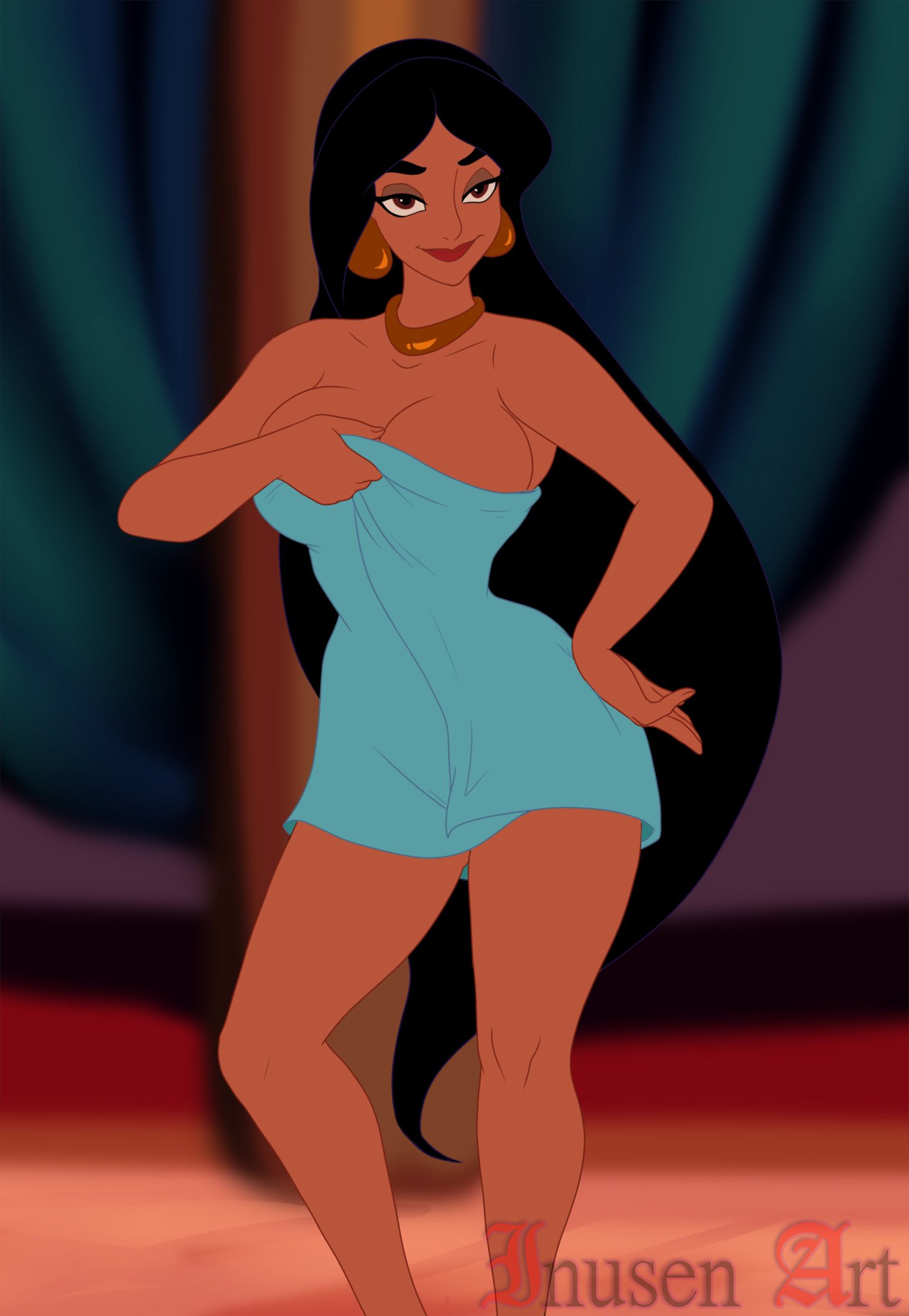 1girls, aladdin, arabian, big breasts, breasts, dark skin, dark-skinned female, disney, disney princess, female, female only, inusen, princess jasmine, seductive, solo, towel