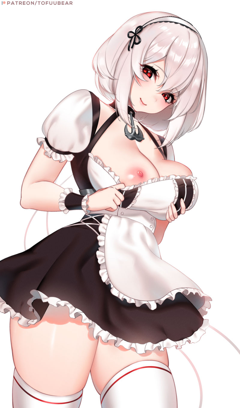 1girls, areolae, azur lane, breasts, female, looking at viewer, maid, maid uniform, nipples, sirius (azur lane), thighhighs, tofuubear