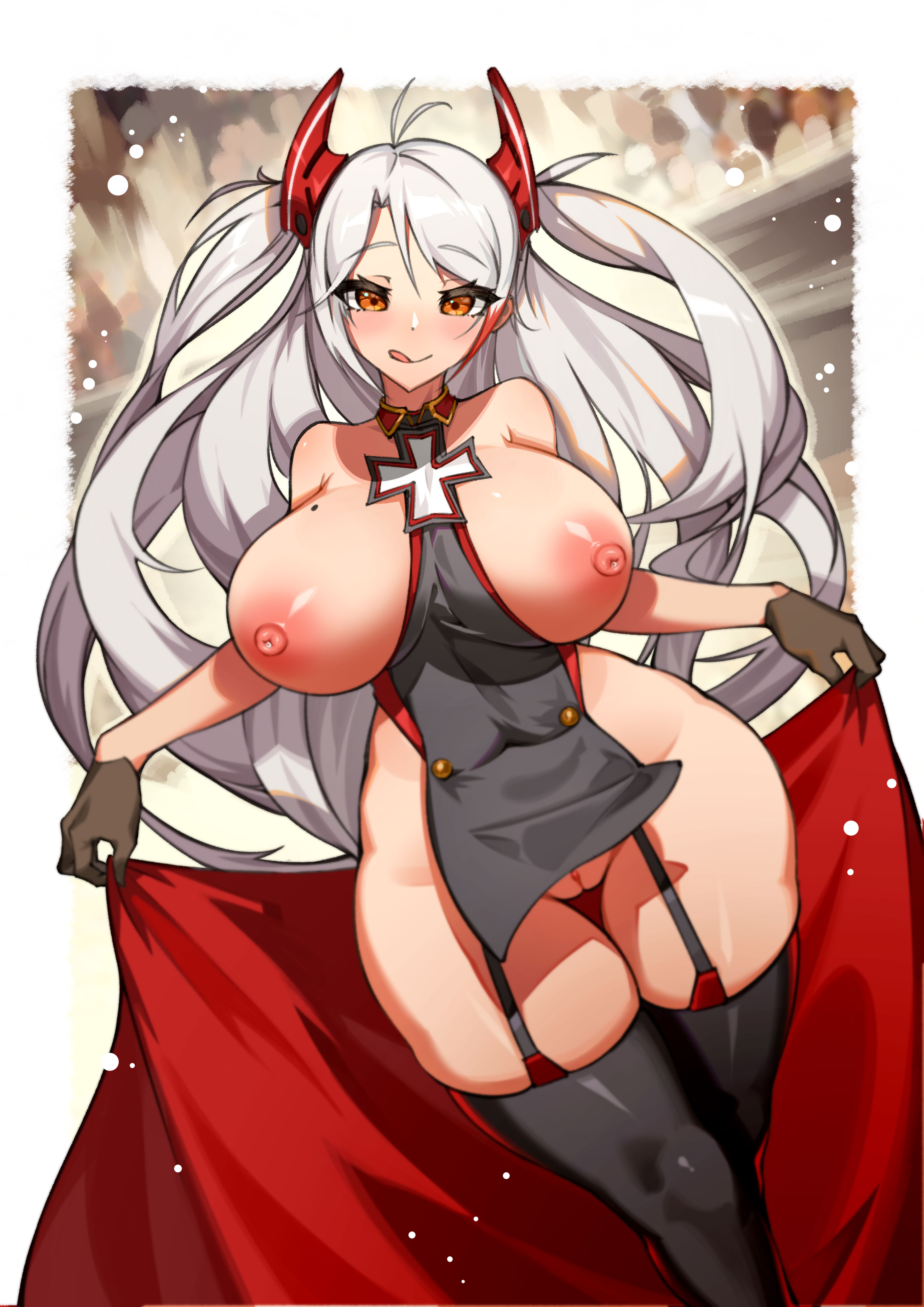 azur lane, breasts, exposed breasts, exposed pussy, female, huge breasts, innie pussy, powergene, powzin, prinz eugen (azur lane), pussy