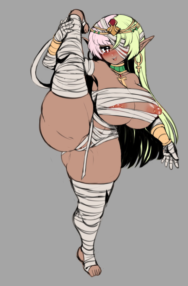 1girls, bandage, big breasts, breasts, dark skin, dark-skinned female, elf, female, female only, halloween, halloween costume, heart-shaped pupils, holidays, jojoniumart, long hair, looking at viewer, mochi (jojoniumart), mummy costume, nipple slip, nipples, one leg up, pussy, shortstack, simple background, solo, splits, thick thighs, two-tone hair