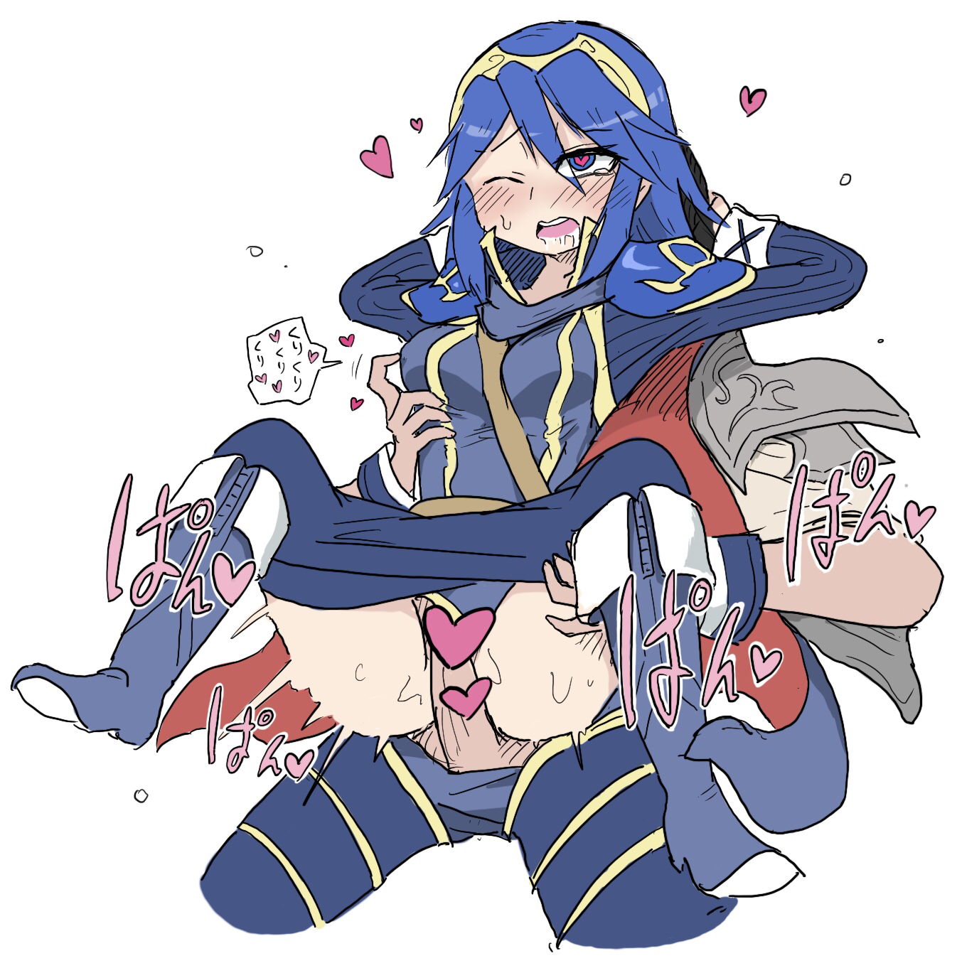 1boy, 1girls, ahe gao, blue hair, blush, boots, breasts, censored, chrom (fire emblem), clothed sex, drooling, father and daughter, female, fire emblem, fire emblem awakening, hands behind another's head, heart censor, heart-shaped pupils, incest, leg grab, long hair, lucina (fire emblem), male, nintendo, nipple tweak, one eye closed, open mouth, pokies, princess, pussy, reverse stand and carry position, reverse suspended congress, royalty, spread legs, straight, sweat, vaginal penetration, white background, white-stew