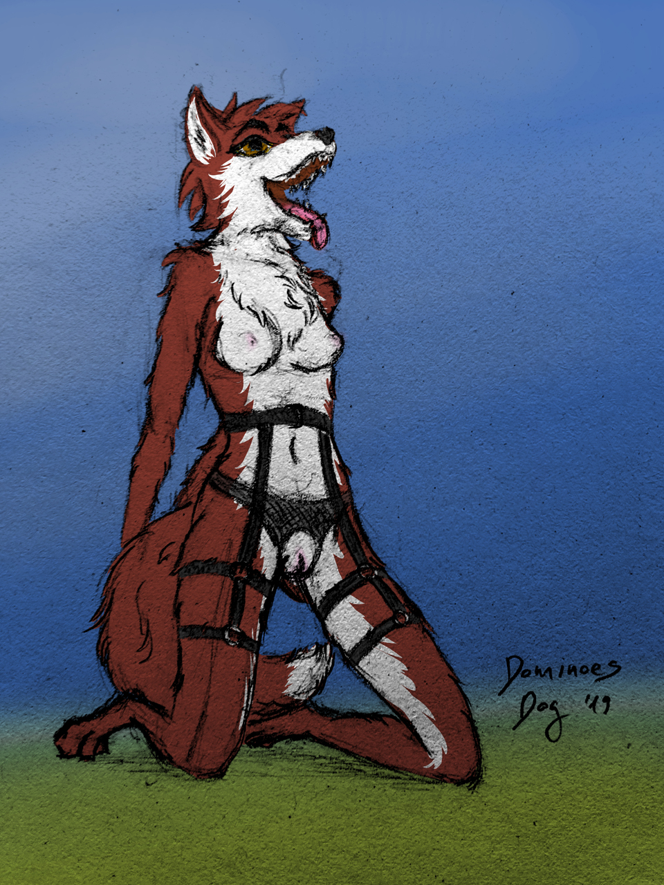 1girls 2019 anthro areolae biped black_nose breasts brown_eyes canid canine chest_tuft clothing colored crotchless crotchless_panties digitigrade dominoesdog ear_piercing ear_ring erect_nipples female female_only fox fur garter_belt garter_straps genitals hair hands_behind_back hi_res kneeling lingerie mammal mixed_media multicolored_body multicolored_fur nipples open_mouth panties paws piercing pink_nipples pink_pussy pussy red_body red_fox red_fur short_hair simple_background small_breasts solo spread_legs spreading teeth tongue topless tuft two_tone_body two_tone_fur underwear white_body white_fur