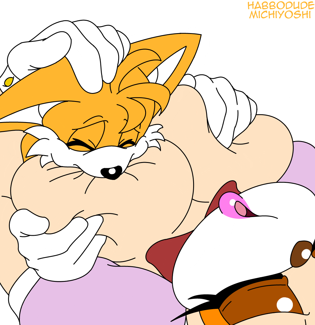 boy on top, breast biting, breast sucking, breasts, closed eyes, clothed female, clothed female nude male, clothing, dress, female, girl on bottom, habbodude, hand on breast, hand on head, larger female, looking pleasured, male, male on top, michiyoshi, moaning, sonic (series), tails, tails the fox, vanilla the rabbit