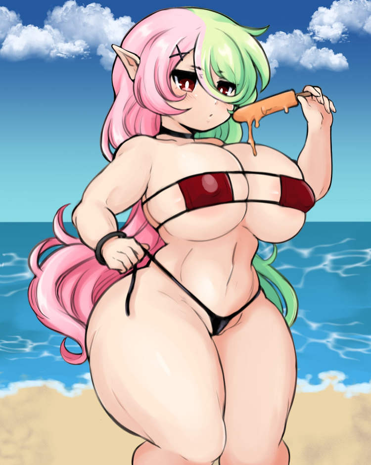 1girls areolae beach big_breasts bikini breasts busty elf eyepatch_bikini female female_only green_hair huge_breasts jojoniumart large_breasts long_hair looking_at_viewer mochi_(jojoniumart) multicolored_hair pink_hair popsicle red_eyes shortstack solo summer thick_thighs thighs two_tone_hair water