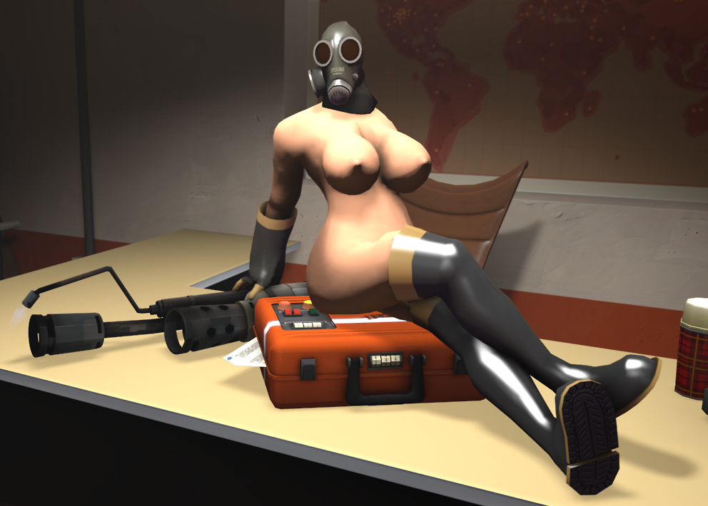 3d 3d_(artwork) armwear briefcase casual exposed_torso female fempyro flamethrower gasmask genderswap genderswap_(mtf) human intel_(team_fortress_2) legwear pale_skin perky_breasts pyro rule_63 sitting_on_table source_filmmaker team_fortress_2 weapon