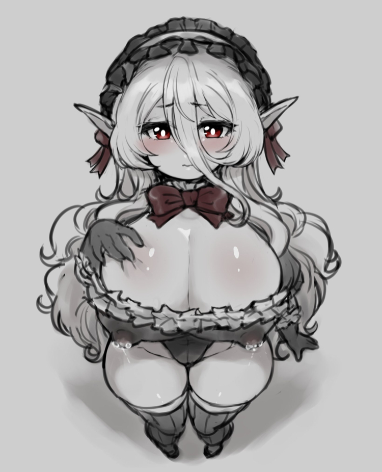 1girls big_breasts blush bodily_fluids breasts cleavage clothed clothing elf erect_nipples female female_only from_above huge_breasts jojoniumart large_breasts long_hair looking_at_viewer maid maid_headdress mochi_(jojoniumart) nipple_bulge red_eyes shortstack simple_background solo thick_thighs