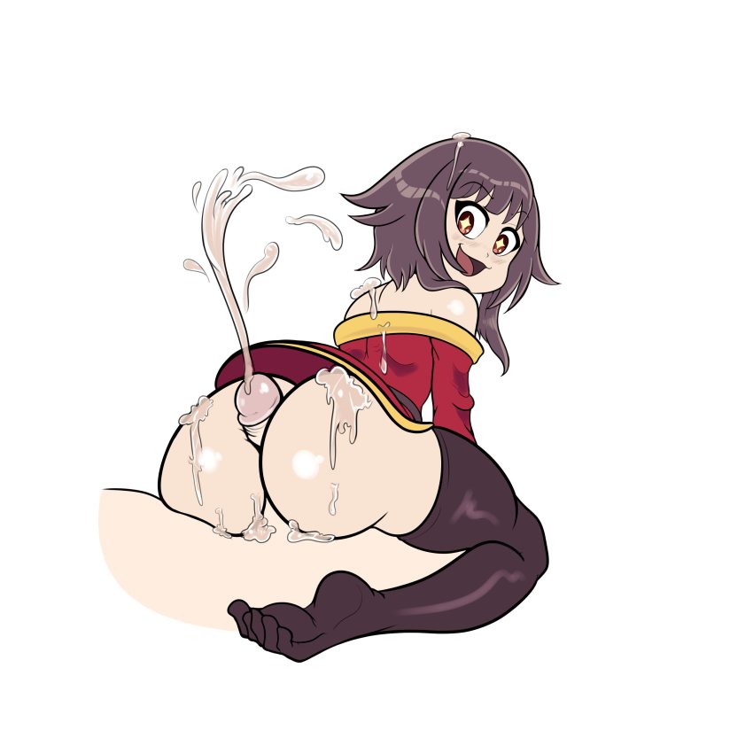 1boy, 1girls, ass, assjob, bangs, bare shoulders, black legwear, blush, bottom heavy, bottomless, brown hair, buttjob, covered assjob, covered buttjob, cum, cum on ass, cumshot, dress, eyebrows visible through hair, female, female focus, highres, kono subarashii sekai ni shukufuku wo!, light skin, light-skinned male, long sleeves, looking at viewer, magician, male, megumin, open mouth, penis, red dress, red eyes, short hair, smile, smug, symbol-shaped pupils, thighhighs, toe socks, toes, twindrills, white background