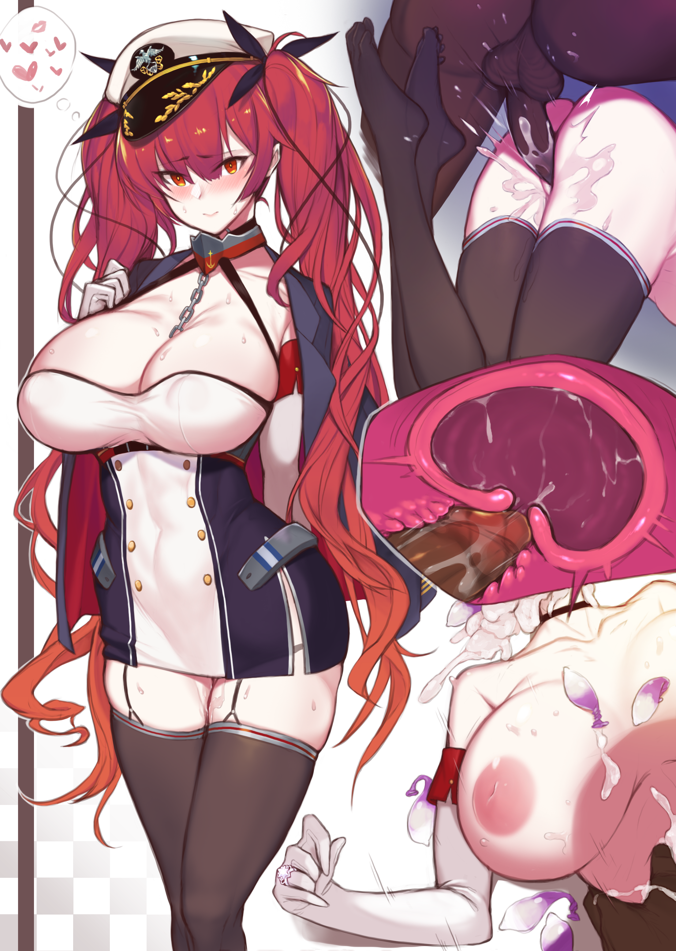 1boy, 1girls, azur lane, big breasts, breasts, cum, cum in mouth, cum on body, cum on breasts, cum on face, cum on upper body, dark skin, dark-skinned male, female, honolulu (azur lane), male, pussy, pussy juice, tagme, thick thighs, thighhighs, thighs, uncensored, used condom, x-ray, yanje